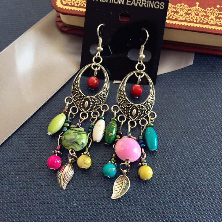 Wholesale Bohemian Retro Ethnic Style Ancient Silver Goddess Jewelry Face Skinny Tassel Long Earrings